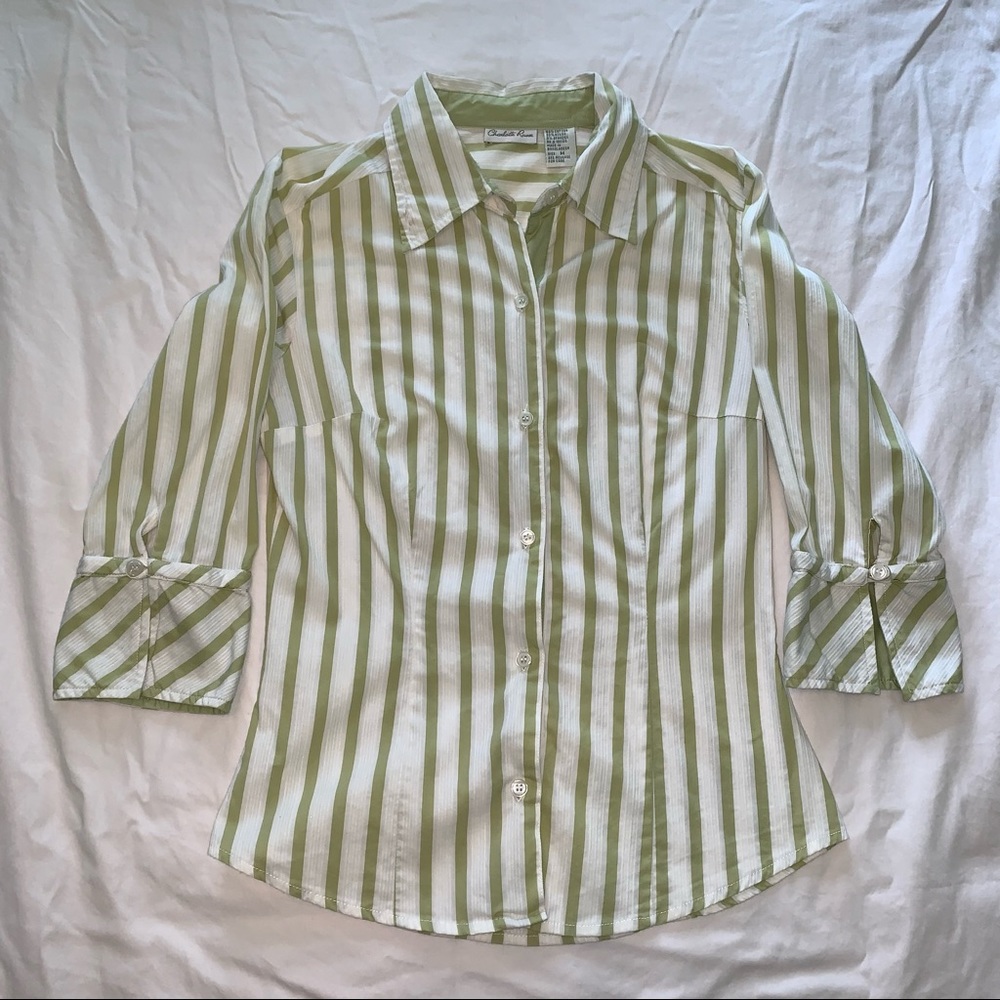 White & Green Striped Button Down Blouse
